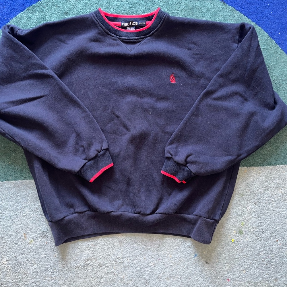 Nautica Men's Navy Crewneck Sweatshirt with Red Accents